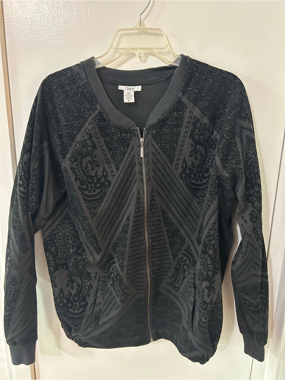 Bar III Studio Black Velvet Burnout Zip Front Bomber Jacket